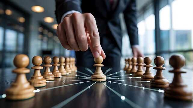 Businessman hand moving a pawn on a chessboard isolated on transparent background for strategy