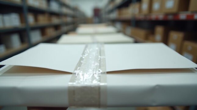 Tira de sellado del sobre preempaquetado colocada en estante de entrega, preparaci&oacute;n para env&iacute;o cerrada, finalizaci&oacute;n