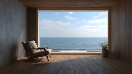 Obraz premium A modern minimalist interior space featuring a large window overlooking a serene ocean view and blue sky