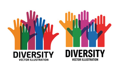 Fototapeta premium Diversity concept with colorful raised hands representing unity and inclusion illustration