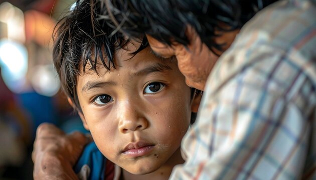 A child's earnest gaze meets the camera, held close by a protective arm