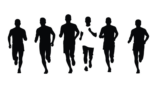 A group of silhouetted men are depicted running forward with varying arm positions