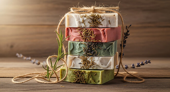 Stack of handmade herbal soaps tied with twine, rustic natural self-care product photo.