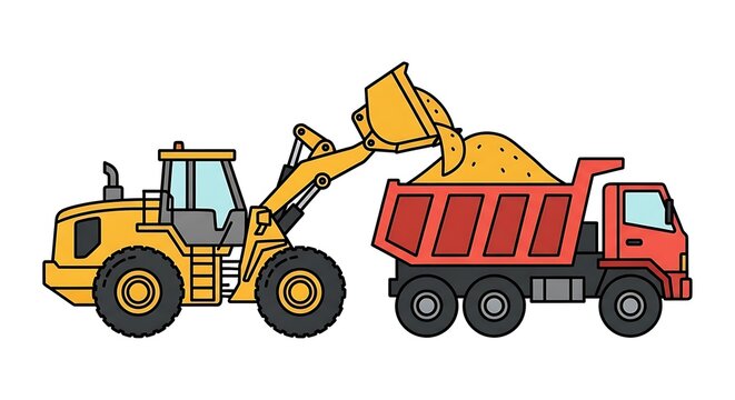 Front end loader loads sand into dump truck, heavy machinery at work on construction site, industry equipment