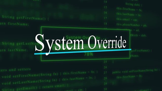 System Override Title Animation with Green Binary Code Background