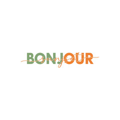 Bonjour greeting in colorful handwriting on white background for travel brochure © DULABA Stock