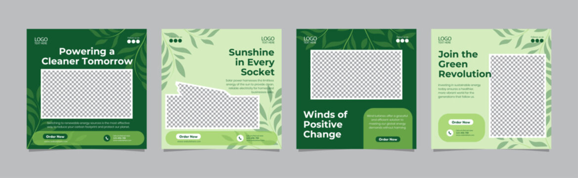 Renewable Green Energy Social Media Post Templates for Sustainable Marketing and Solar Wind Power Promotion, Editable AI file