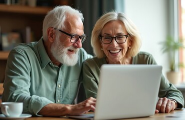 Fototapeta premium Elderly couple smiles looking at laptop computer screen. Senior man, woman talk on video call with family at home. Mature pair use technology for remote communication, social connection during