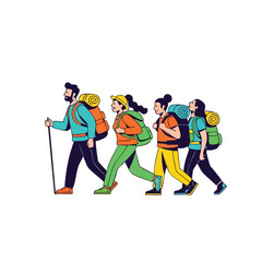 Fototapeta premium Group of hikers walking with backpacks, outdoor adventure, flat illustration