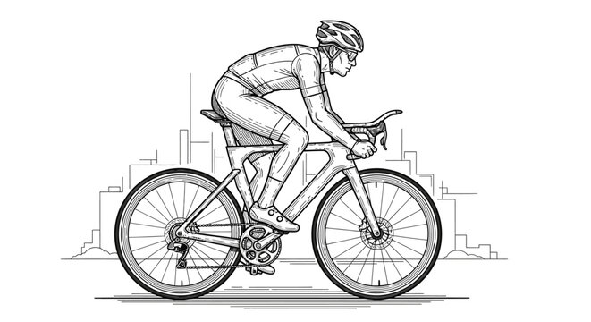 Cyclist in action on a modern racing bicycle against city silhouette