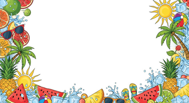 A colorful illustration of a tropical summer border with fruit and palm trees
