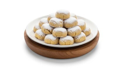 Fototapeta premium A delightful pile of fluffy powdered sugar cookies stacked on a white plate on a wooden base, perfect for any celebration or holiday treat