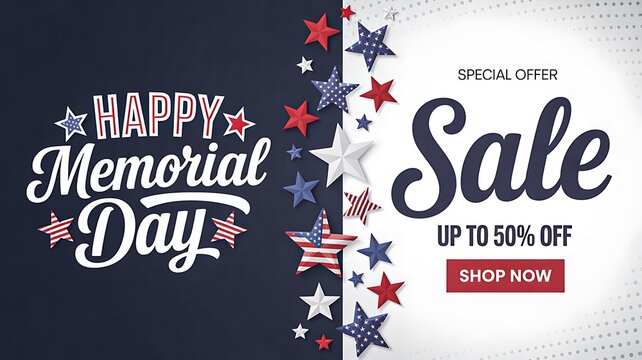Happy memorial day sale poster with patriotic design stars stripes and special offer discount banner 
