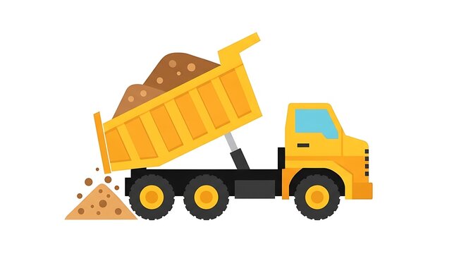 Yellow dump truck tipping brown dirt onto ground creating a small pile of sand
