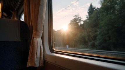 Fototapeta premium Golden sunlight streams through the window illuminating the scenic view of a forest passing by during a peaceful journey