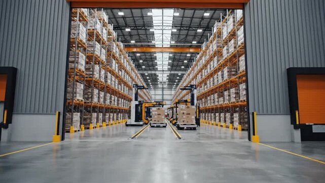 Modern Warehouse Interior with Loading Docks and Forklifts.