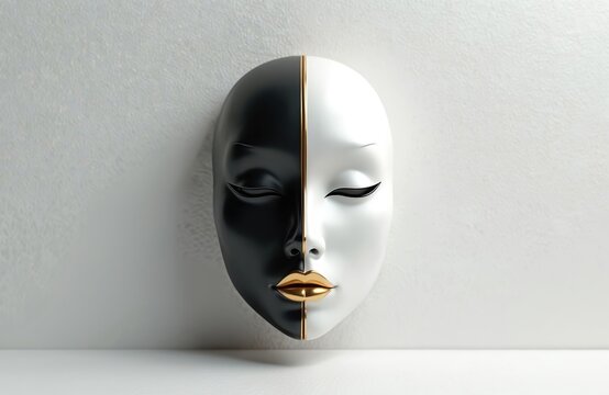 Masked face split black white gold. Symbolizes duality AI entity. Represents concept of balance or opposing forces. Modern minimalist abstract art.