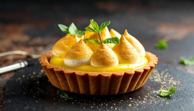 A lemon tart with meringue peaks and mint garnish, presented on dark stone surface, rustic backdrop