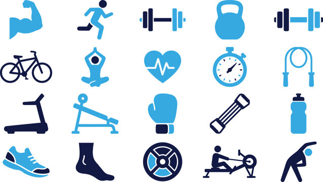 Fitness and gym icon set for active living sports and workout equipment.