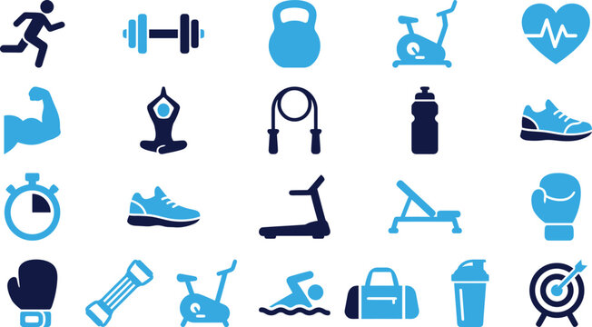 Fitness and gym equipment icons blue and dark blue on white.
