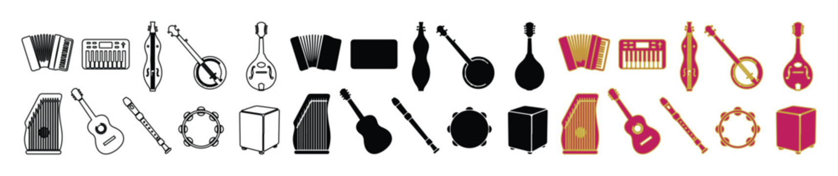 Folk music instruments icon set, acoustic string and percussion elements in outline and silhouette styles, 30 vector icons for bluegrass and country music
