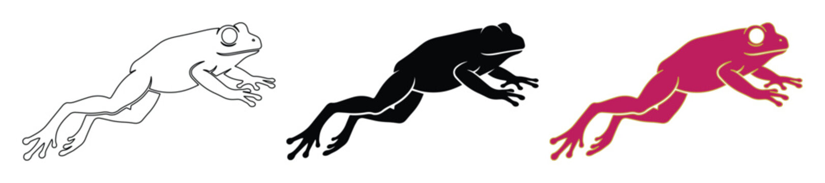 Minimalist jumping frog vector set, black silhouette and pink tree frog icons, 3 amphibian elements in outline and solid styles for nature logos