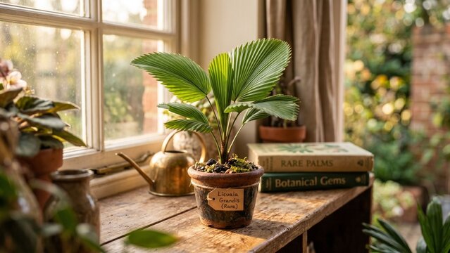 Rare Miniature Palm Plant Licuala Grandis and Chamaedorea in Sunlit Room