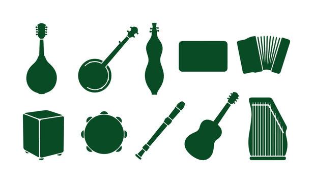 Folk music instrument silhouettes, set of 10 dark green vector icons including banjo, accordion, and mandolin, acoustic string and percussion elements
