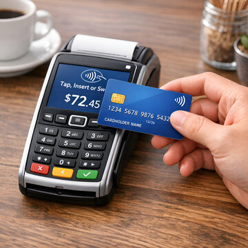 Contactless Credit Card Payment At Point Of Sale Terminal With Hand Holding Card Over Reader