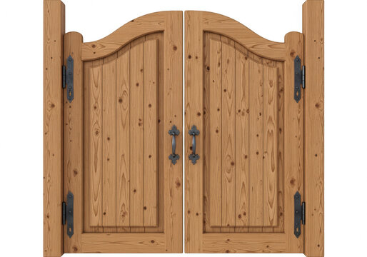 Wooden double gate with metal hinges and handles on transparent background