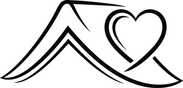 A stylized logo featuring a heart and mountain design on a white background