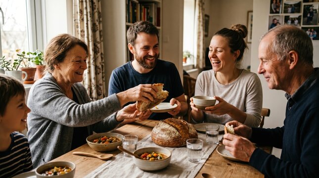 Multigenerational family sharing bread during dinner at home. Concept of Christian fellowship, unity, and communion like the early church followers in Acts. Joyful community meal.