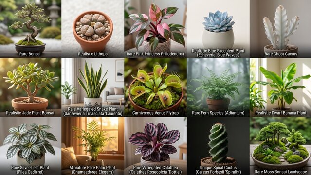 Collection of Rare and Exotic Houseplants Including Bonsai Lithops Philodendron and Succulents