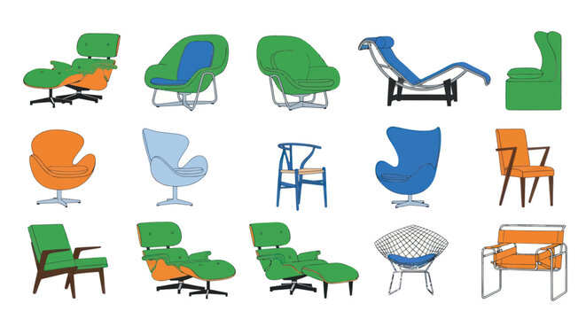 Collection of iconic designer chairs in various colors