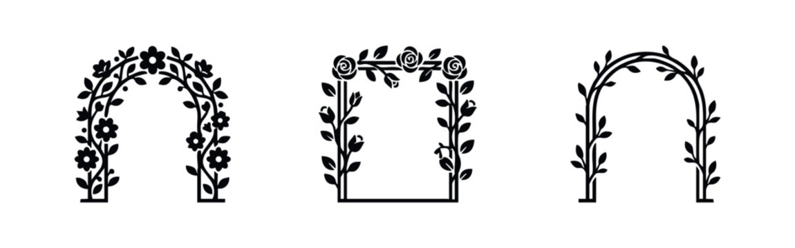 A set of three black floral arch silhouettes with flowers and leaves, ideal for wedding invitations, garden decor, and romantic graphic designs.