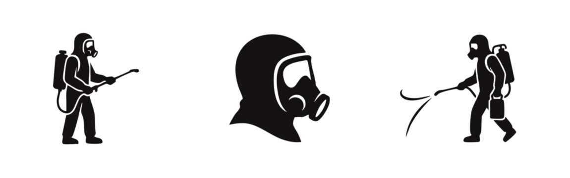Black vector icon set of figures in hazmat suits and gas masks using spraying equipment for disinfection, pest control, or biohazard cleanup.