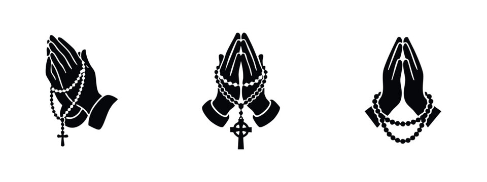 Set of black silhouette icons of praying hands holding rosary beads and crosses. Minimalist religious symbols of faith, prayer, and devotion.