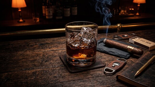 A close-up of a whiskey glass with ice and a smoking cigar on a rustic wooden bar.
