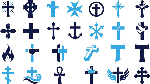 Collection of Christian and religious cross symbols flat icons.