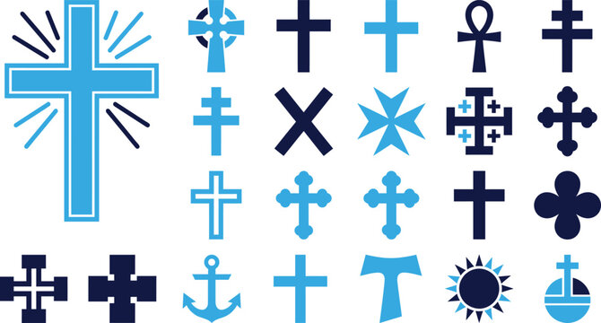 Collection of Christian and religious cross symbols flat icons.