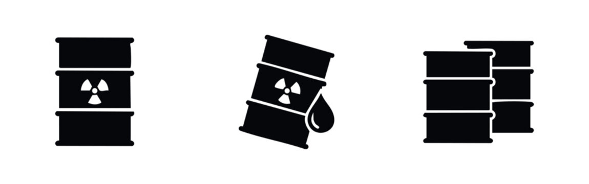 Vector icons of nuclear waste barrels and radioactive hazard symbols. Includes leakage and storage illustrations in a clean silhouette style.
