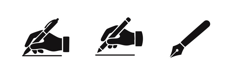 Minimalist set of black vector icons featuring hands writing with a pen and pencil, plus a fountain pen, on a clean white background. © Lili