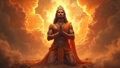 Fototapeta premium Powerful image Hindu deity Hanuman in prayer. Bajrangbali sits amidst fiery clouds, radiating divine energy. Orange robes adorn figure with ornate crown. Spiritual scene conveys devotion strength