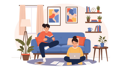 Fototapeta premium Two women focused on their studies at home, with one reading on a sofa and the other working on a laptop on the floor.
