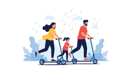 Fototapeta premium Happy family of three enjoying an outdoor ride on their kick scooters despite the falling rain in a stylized park setting.