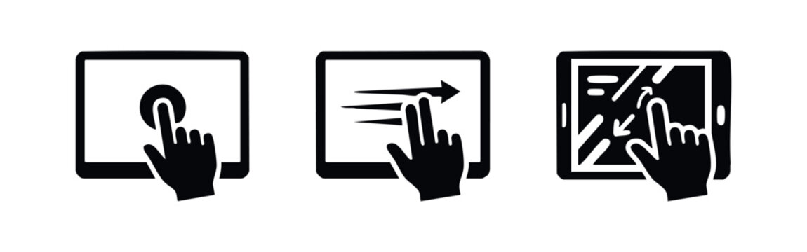 Collection of three black and white icons illustrating various touch gestures on a digital tablet screen, such as tap, swipe, and zoom navigation.