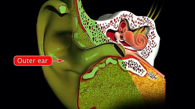 3D animation showing outer ear anatomy including pinna, ear canal, and eardrum structure.