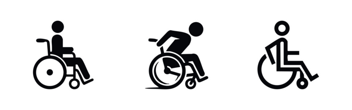 Three different black wheelchair user symbols on white, showing various styles for accessibility, disability awareness, and inclusive design.