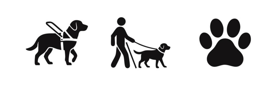 Icon set featuring a guide dog silhouette, a blind person with a cane led by an assistance dog, and a paw print. Minimalist vector illustration.