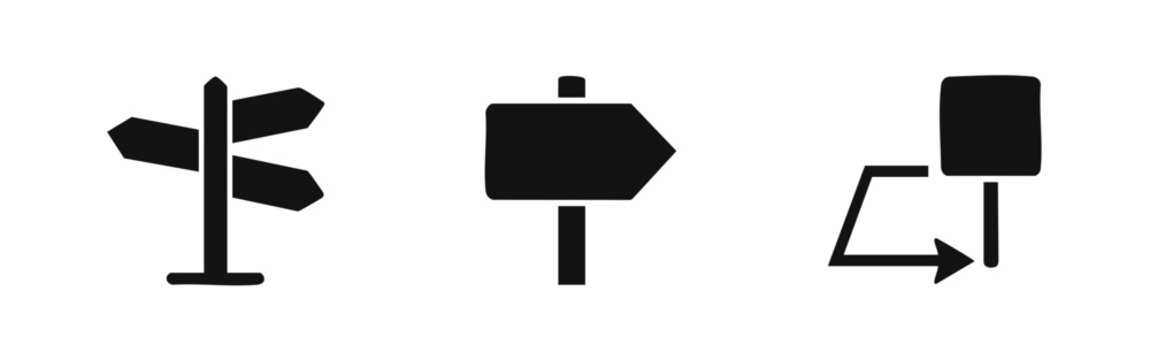 Set of minimalist black icons representing directional signposts, pathfinding arrows, and wayfinding symbols on a white background.